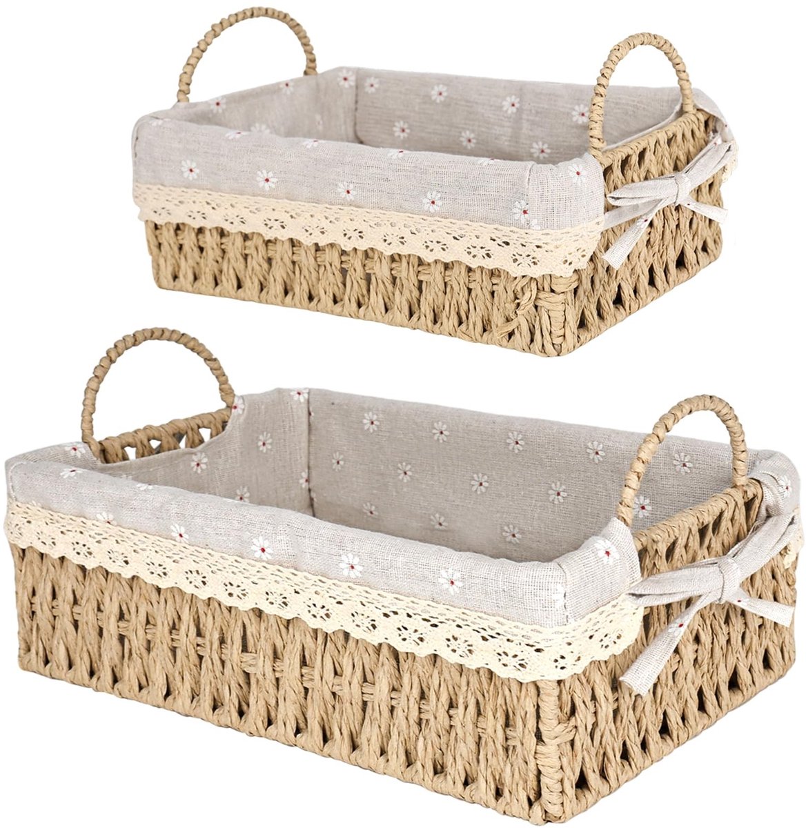 Dailygoods- Opbergmand Boho - 2-delige Set - Gevlochten Mand - Afneembaar Inzetstuk - Decoratieve Kanten Rand - 31x19x14,5 cm & 25x14x13,5 cm - Opbergmanden