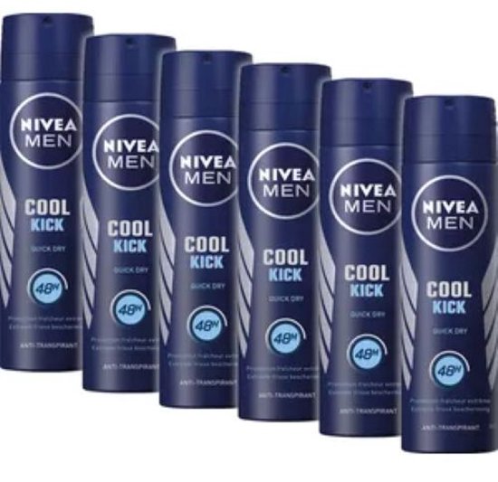 Zes bussen NIVEA MEN Cool Kick deodorant, met 48 uur bescherming.