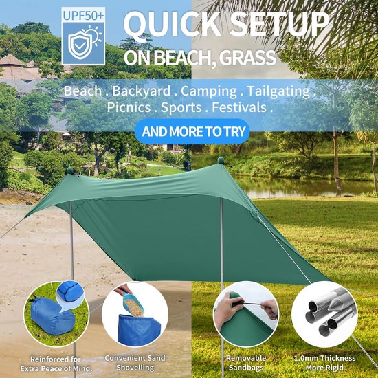 Strandtent 2,1 x 2,1 m - UPF50+ UV-Bescherming - Waterdicht - Aluminium Frame - Met Zandschep & Haringen - Voor Strand - Tuin & Camping - Groen — afbeelding 3