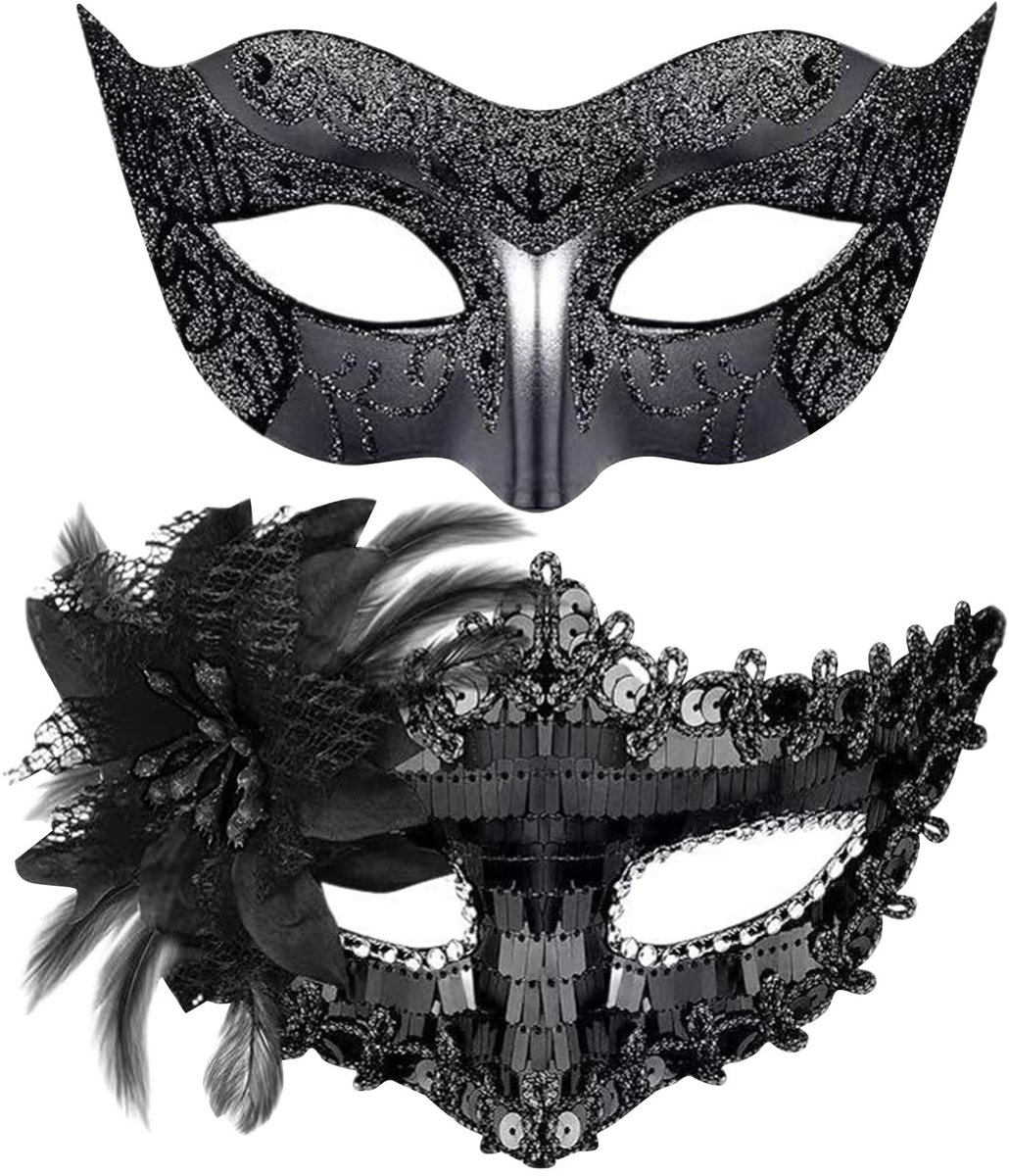 Dailygoods- Masker 2 Stuks - Venetiaans Masker - Maskerade voor Koppels - Zwart Glitter Masker - Lichtgewicht en Duurzaam - Elegante Ontwerpen