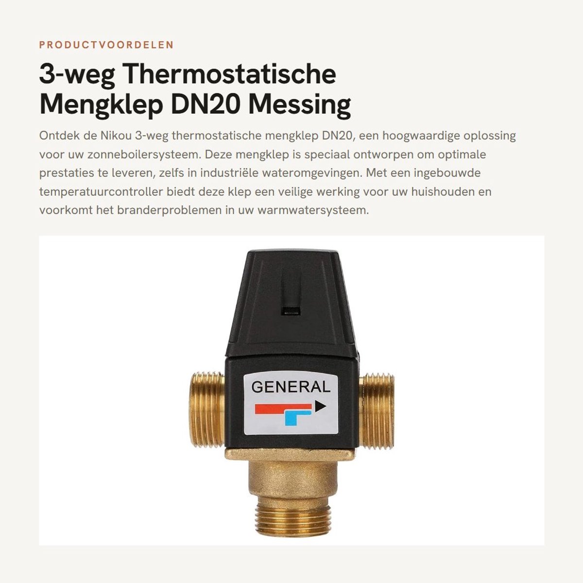 Dailygoods- Thermostatische Mengklep Hoge Doorstroom - Messing - Geschikt voor Zonneboilers - Temperatuurregeling 35-60°C - Voor Huishoudelijk Gebruik - Schokbestendig