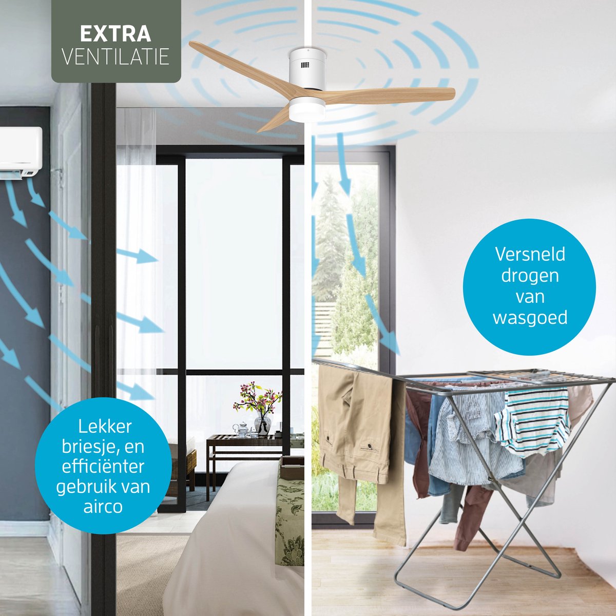 Varin® Smart Ventilator met LED verlichting - Wit/Naturel - Tuya Wifi - LED 18W CCT - Lange bladen - Ø 132cm - 6 snelheden - Super stil 20dB - Met afstandsbediening en app - Ventilatorkachel - Ventilatoren plafond - Verkoeling en verwarming — afbeelding 4