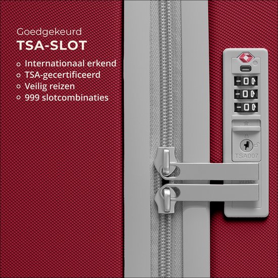 Detail van het goedgekeurde TSA-slot en de ritssluiting van de rode koffer.