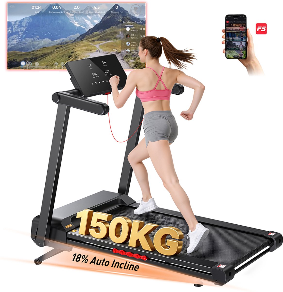 Loopband Formill FT62 - loopmat - 4,0 pk motor loopband met helling 18% - 1-16 km/u - 150KG, LED Scherm voor volwassenen, Opvouwbaar