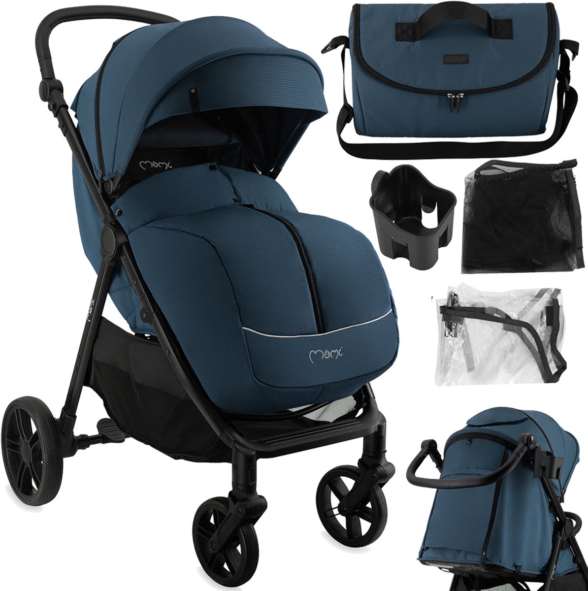 MoMi CLARA Kinderwagen - Verstelbare Duwstang - Vering op Alle Wielen - Tot 22 kg - Blau
