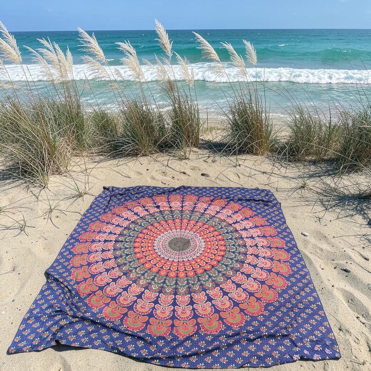 Lindian style - XL strandlaken - super groot strandkleed - Oranje/blauw/groen - Dun strandlaken - 100% katoen - Tweepersoons strandlaken -