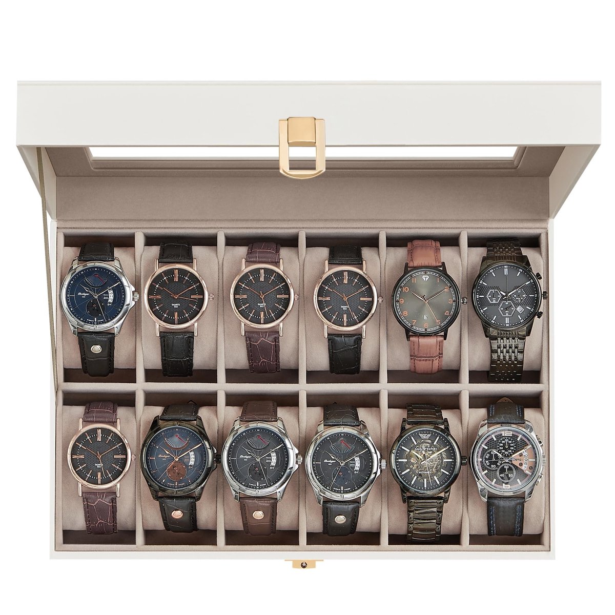 Dailygoods - Premium Horlogedoos met 12 Vakken en Glazen Deksel - Luxe Horlogekoffer