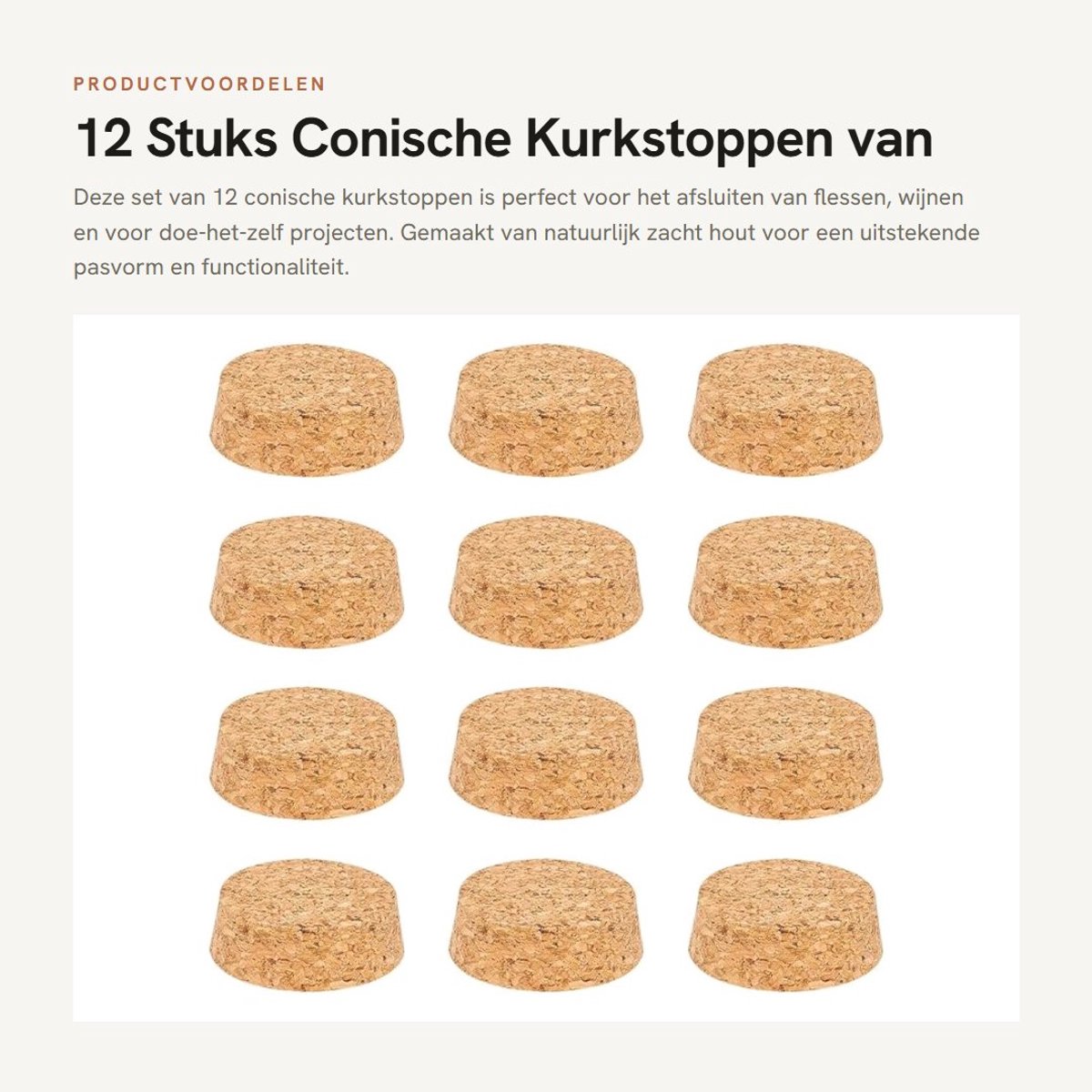 Dailygoods- Kurkstoppen 12 Stuks - Conische Kurk - Vervangende Kurken - Natuurlijk Hout - 52,5 mm - Doe-het-zelf Handwerk