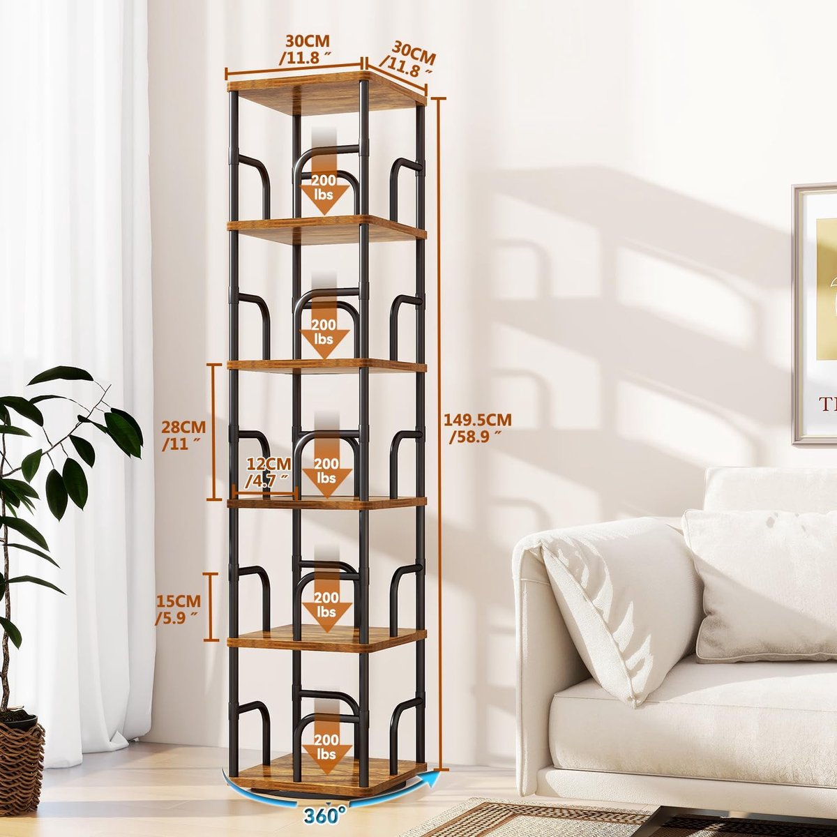 Boekenkast draaibaar 360° met 6 lagen ruimtebesparende boekentoren houten opbergrek voor kinderen woonkamer slaapkamer bruin