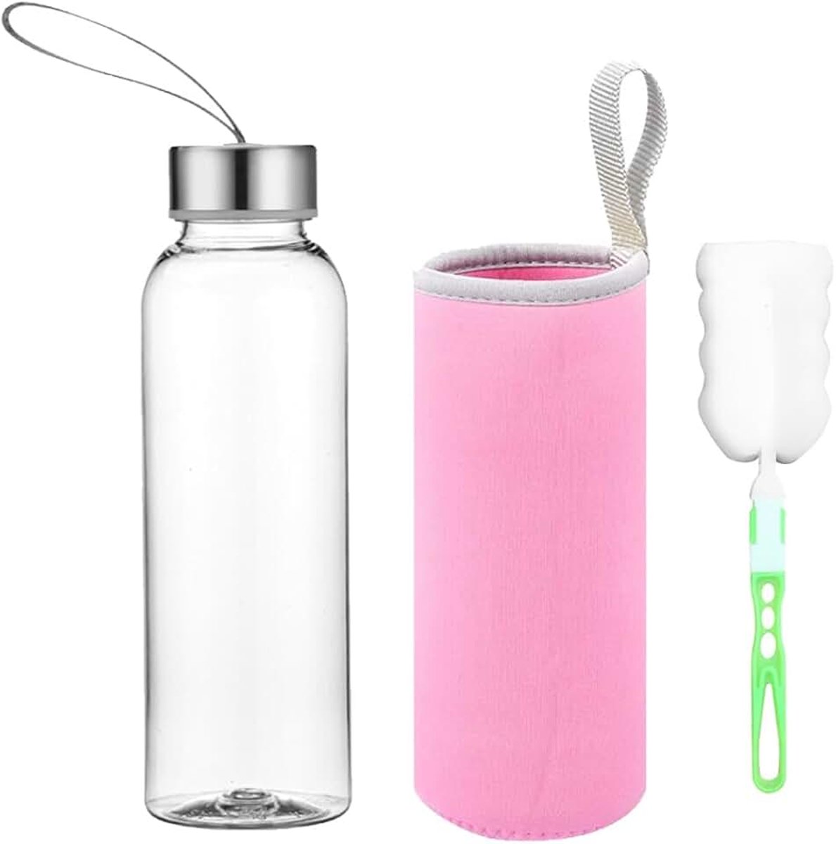 Glazen fles, klassieke waterfles met nylon tas, voor onderweg sportfles, drinkfles van glas (Roze, 550 ml)