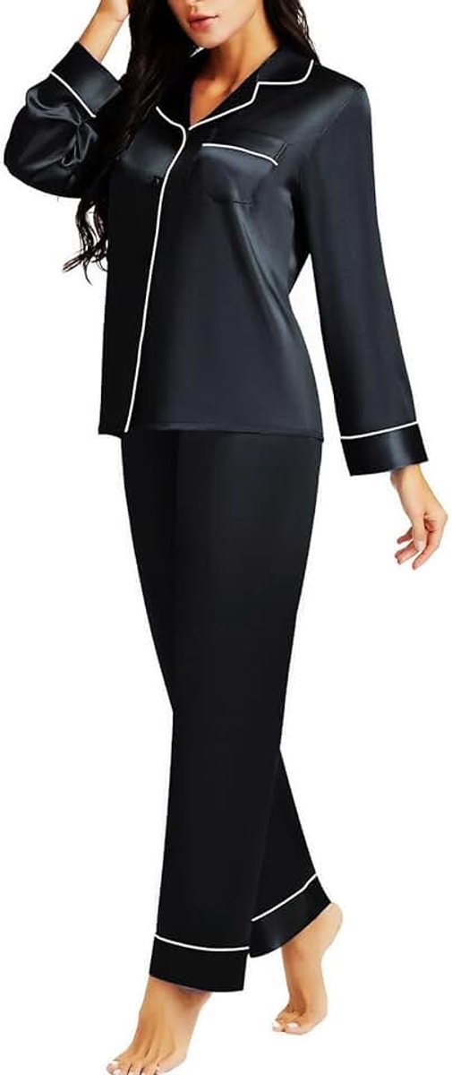 Dames zijden satijnen pyjama set nachtkleding loungewear XS~3XL Plus_Gifts, Zwart, 3XL