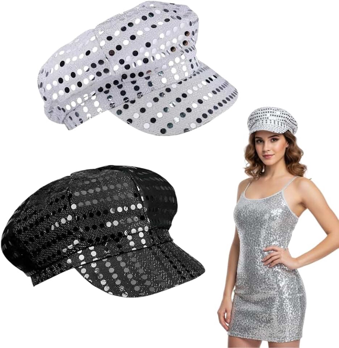 Disco-hoeden, set van 2 stuks, zwarte en zilveren pailletten, feesthoeden, uniseks Abba-accessoires voor Abba-carnavalskostuum, disco-accessoires uit de jaren '70 voor retro festival