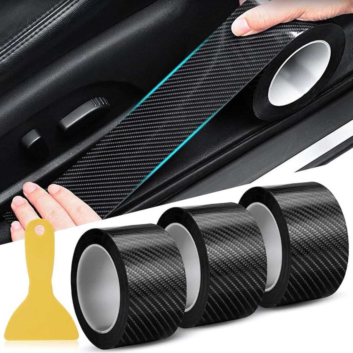 3 rollen zwarte carbonfolie voor autodorpellijsten, zelfklevende autobeschermfolie, lakbeschermingsfolie, dorpelbescherming, sticker, autofolie voor randbescherming, sticker, glanzend, (rollen 5 cm x