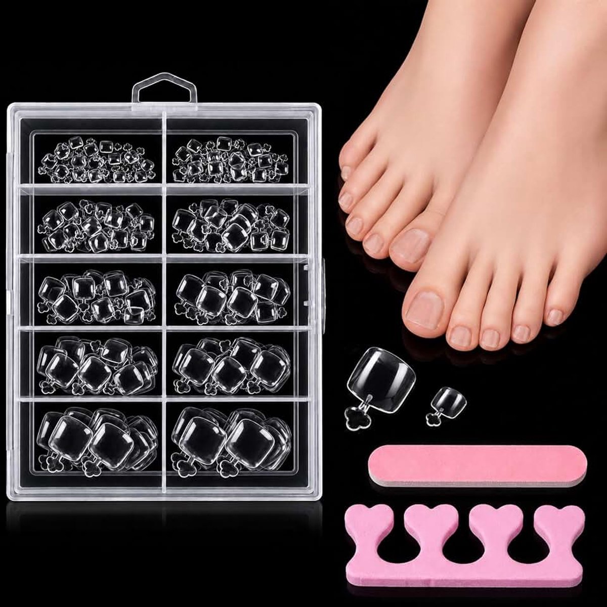 240 stuks kunstteennagelset, 12 maten valse teennagels | Om op te plakken met teenspreider en nagelvijl, Full Cover Toe Nails Tips teennagels om op te plakken