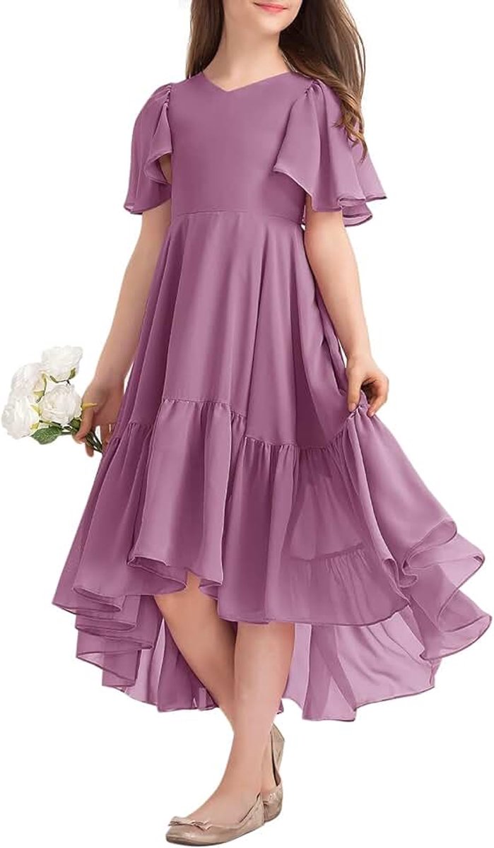 Zomerjurk voor meisjes, V-hals, ruches, casual, A-lijn, vloeiend, lang, lang, partyjurk, elegante lange avondjurk