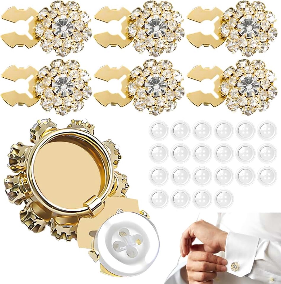6 stuks knoopsluitingen met strass-steentjes en gouden basis, naai-knoopsluitingen als decoratie voor damesblouses, glanzende en prachtige doe-het-zelf-decoratiebenodigdheden, geschikt voor naai