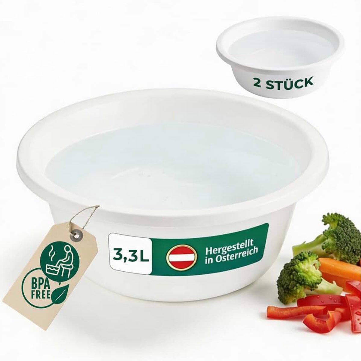 2x Spoelkom Rond 3,3L, D28 cm, Wit, BPA-vrij Vaatwasserbestendig Ideaal voor Keuken en Camping, Ronde kom, Ronde Plastic kom, Wasskom, Kunststof kom, Plastic bowl