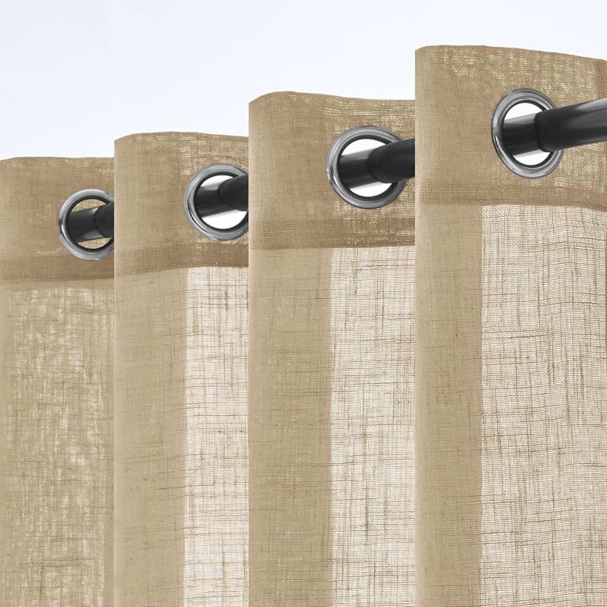 Set van 2 transparante linnen gordijnen met ringen, moderne interieurgordijnen voor slaapkamer, woonkamer en raam, 140x122 cm, beige | Halftransparante linnenlook voor woonkamer, slaapkamer en ramen; ogen vergemakkelijken de montage.
