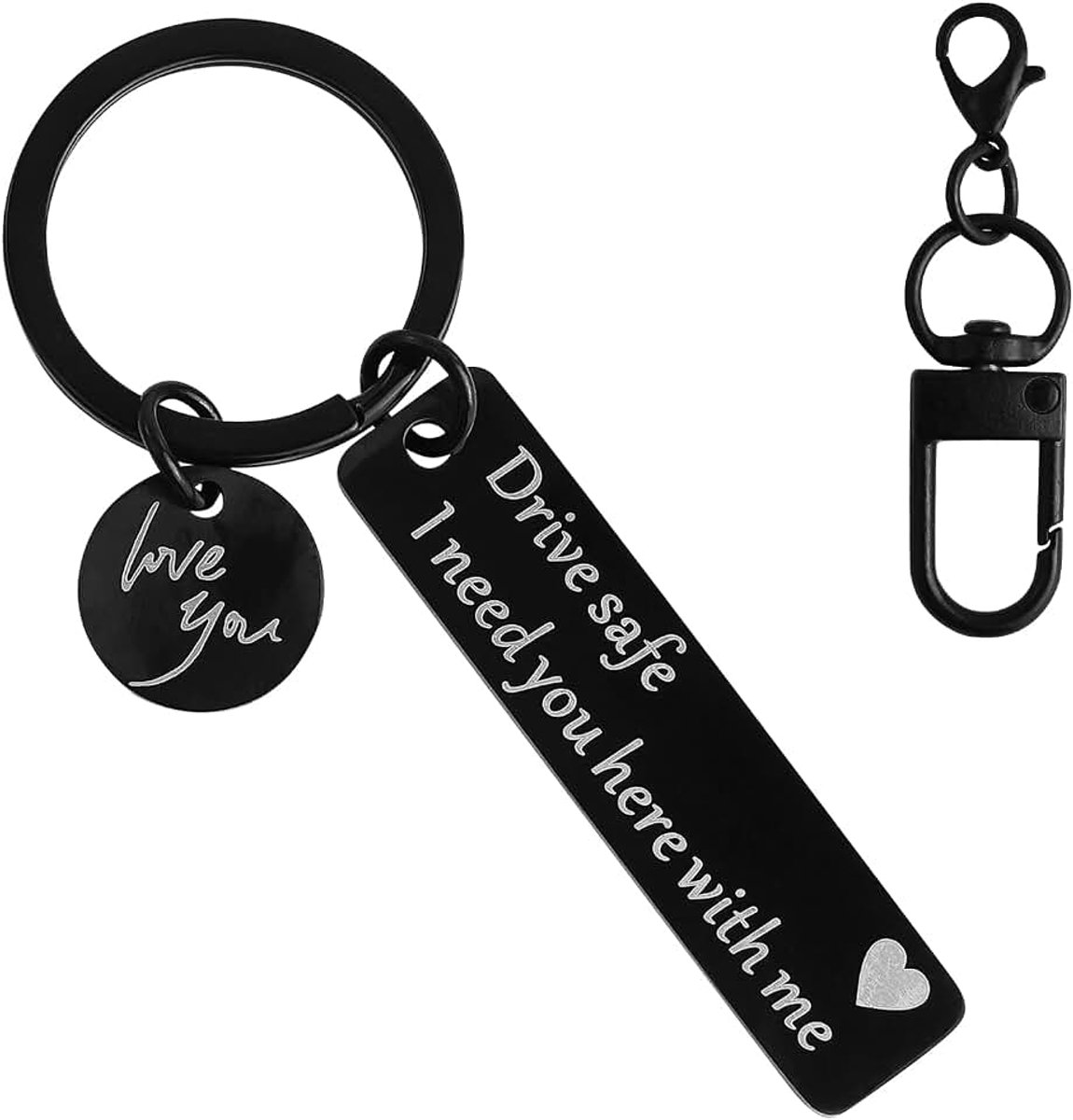 Safe Sleutelhanger, gepersonaliseerde sleutelhanger, rij voorzichtig sleutelhanger, roestvrij staal, zwart, met 1 sleutelhanger accessoire, voor verjaardag, jubileum, afstudeerfeest