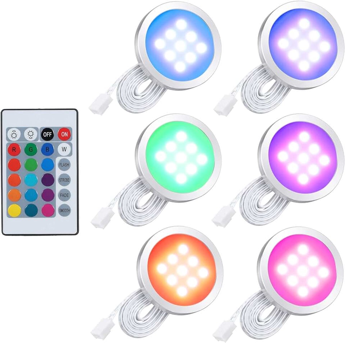 Led-kastverlichting, met afstandsbediening, dunne ronde vorm, onderbouwlamp, kleurverandering, dimbaar, instelbare helderheid, 6 stuks