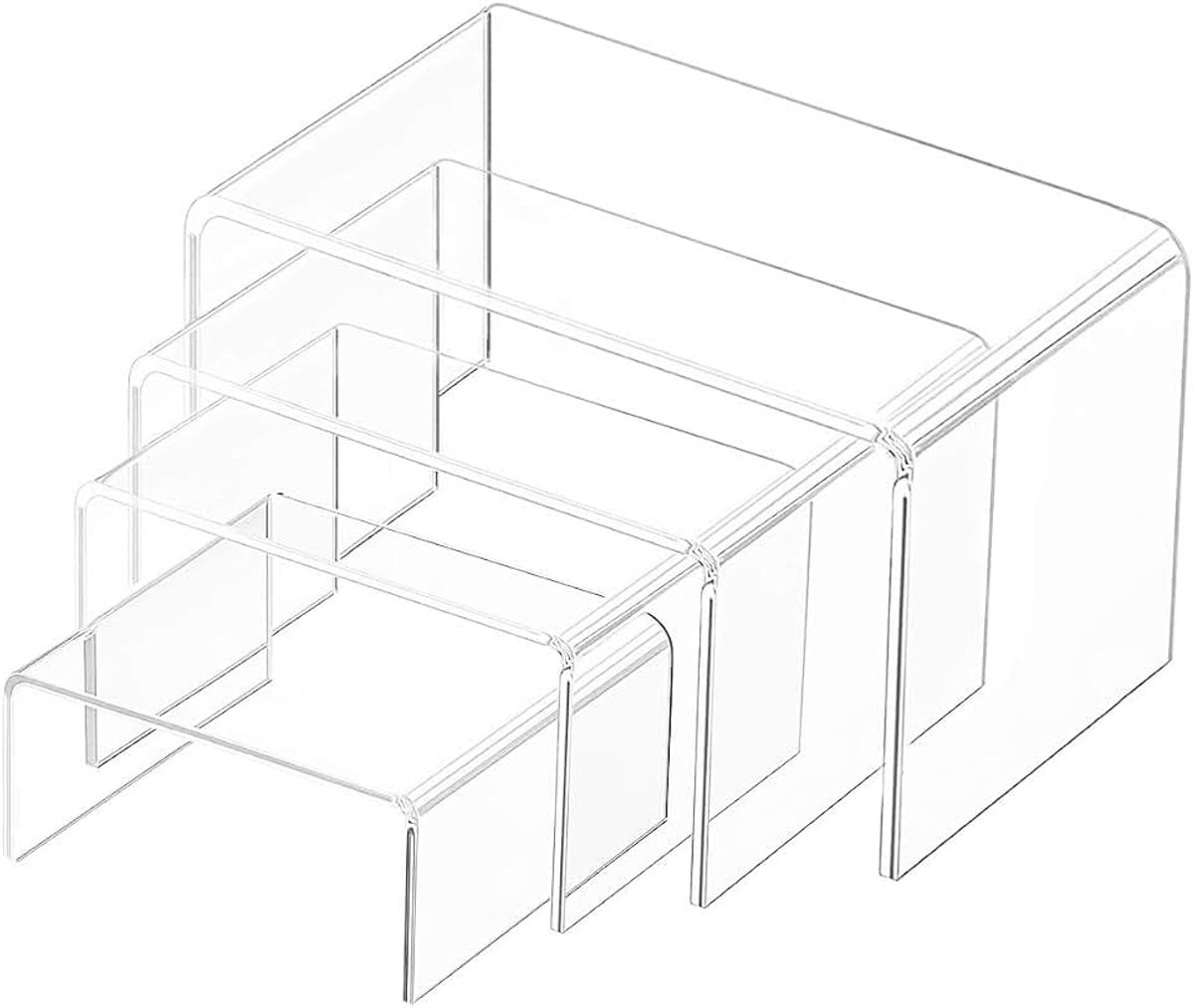 Acryl display-risers, 4 vitrinekastjes voor figuren, buffetten, cupcakes en sieradenstandaard, met kleverige beschermfolie.