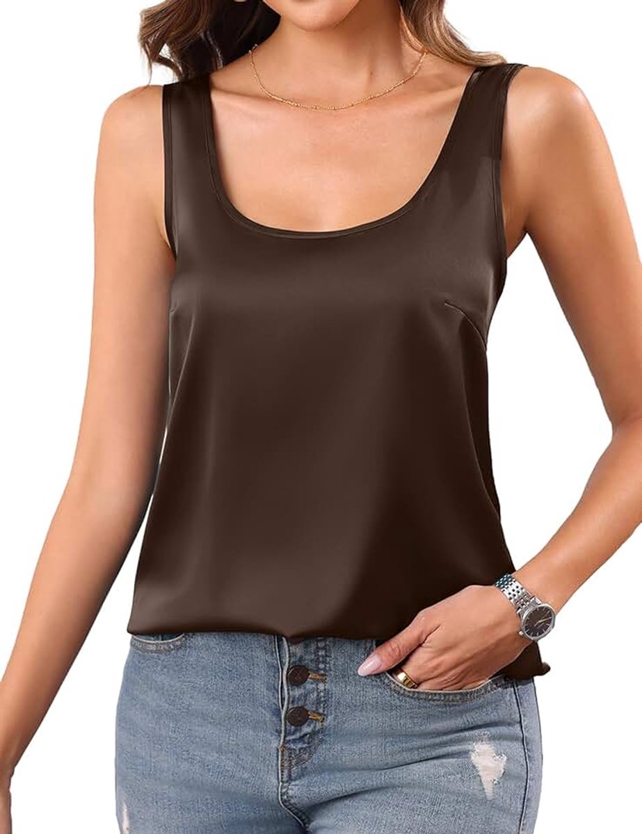 Dames satijnen tanktops mouwloos zomervest vierkante kraag los | Glad satijnen gevoel, ontspannen vorm, lichtgewicht laag, werkavond en gelegenheidskleding