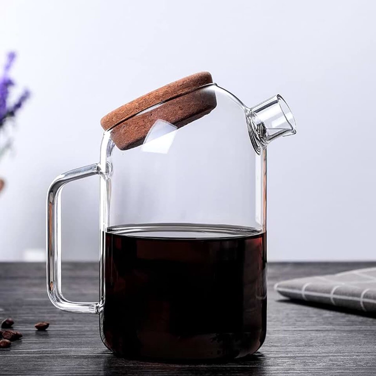 Karaf met kurkdeksel, warm/koudwaterkan, glazen theepot, hittebestendige theepot, glazen kan voor dranken, dikkere en sterkere waterkan, voor sap, water, dranken, ijsthee, wijn, koffie (1000 ml)