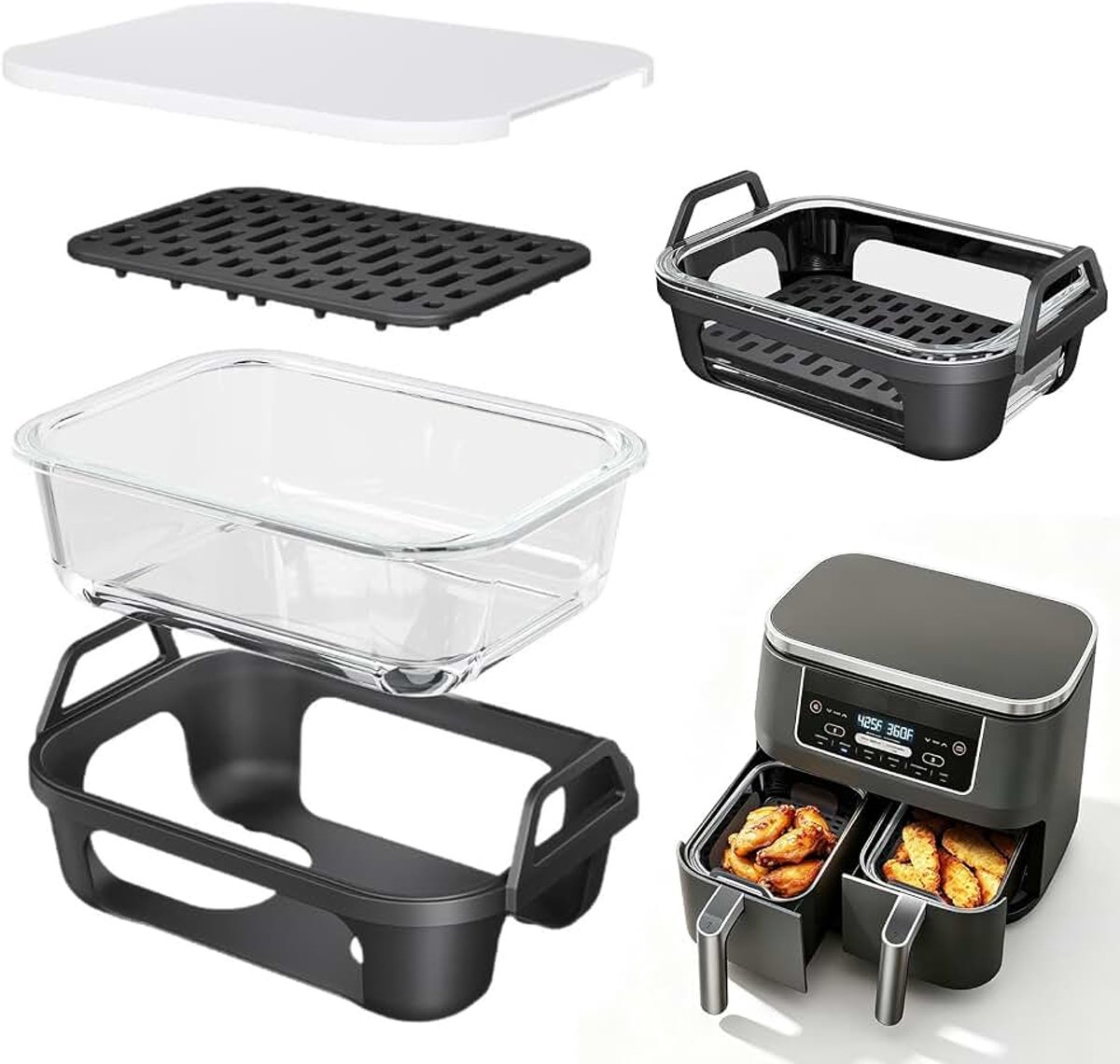 Ovenschaal voor heteluchtfriteuse, geschikt voor Ninja AF400EU AF500EU DZ400EU SL400EU, airfryer-accessoires met deksel, siliconen frame, siliconen roestinzet, BPA-vrij, krasbescherming