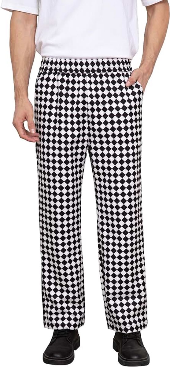 Unisex zwarte kokbroek professionele kok uniform met elastische tailleband klassieke strepen dambord patroon werkbroek voor mannen