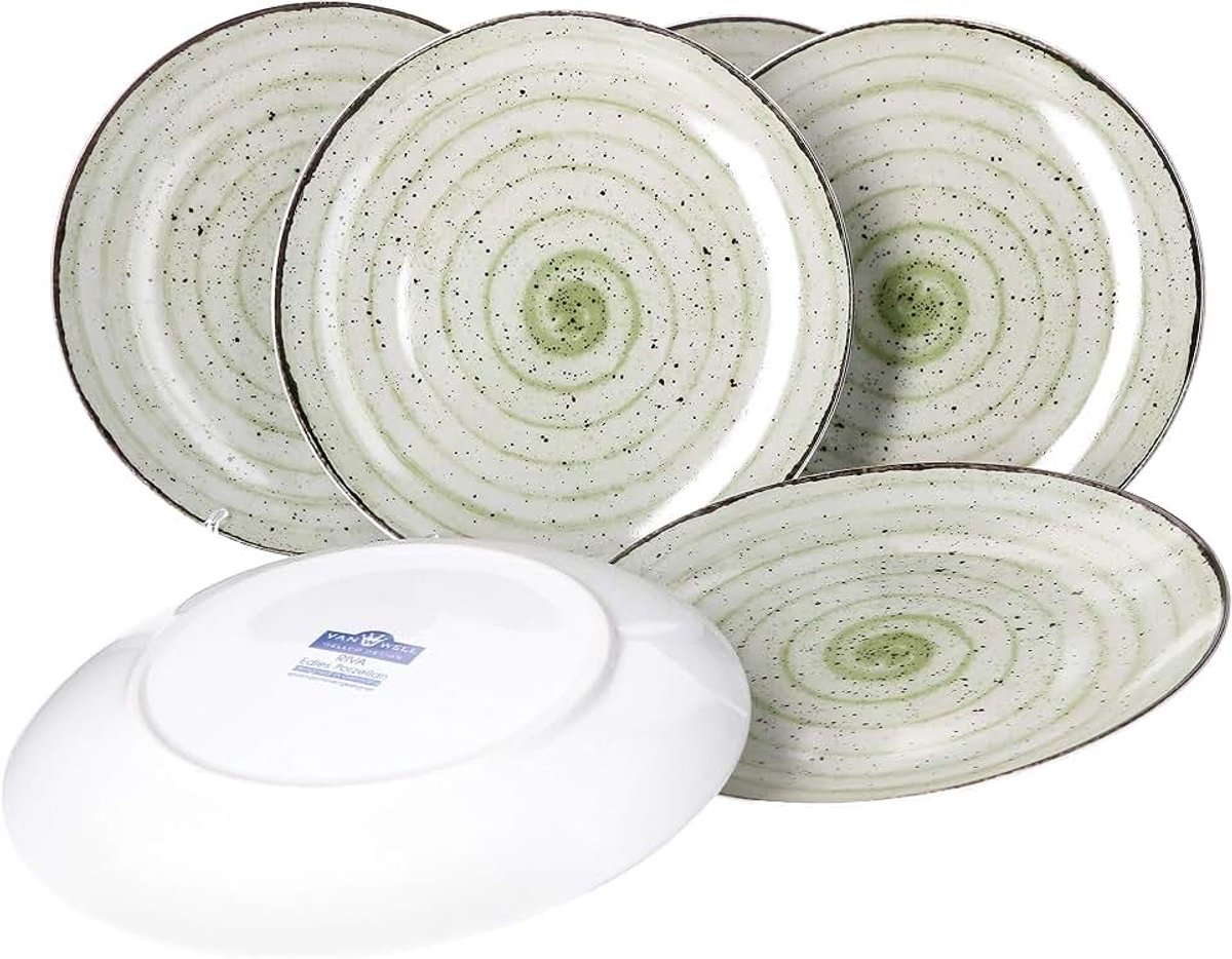 Well Riva Set van 6 platte borden - robuuste, porseleinen borden met patroon - moderne landhuisstijl - magnetron- en vaatwasmachinebestendig - grote borden Ø 27 cm