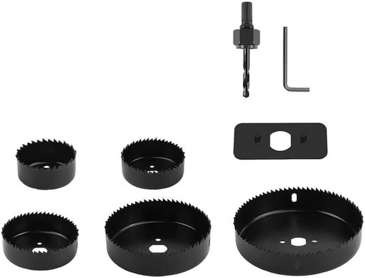 8-delige gatenzaagset geschikt voor metaal en hout, inclusief boorbits met 5 zaagbladen (2-1/2 inch tot 5 inch, 64-127 mm), boorbits, montageplaat, inbussleutel en opbergdoos.