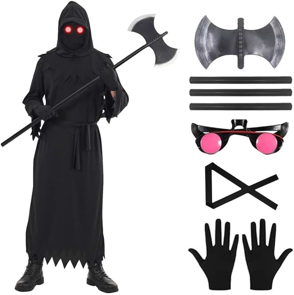 Grim Reaper Kostume, carnaval, Halloween, Grim Reaper, cosplay met Death Bijl, lichtgevende bril en masker