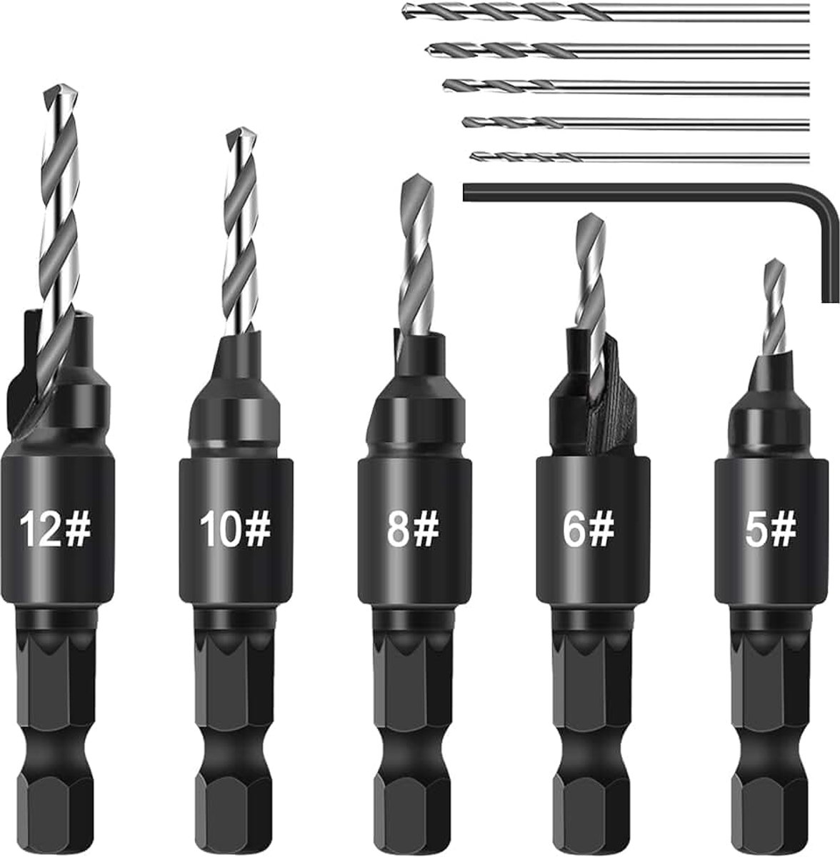5-delige afschuiningsboorset, houtfreesboor, zeskantschacht, verstelbaar, 1/4 inch, snelle wisseling (2,8/3/3,2/3,5/4 mm), HSS-afschuiningsboor voor houtbewerking, met L-sleutel