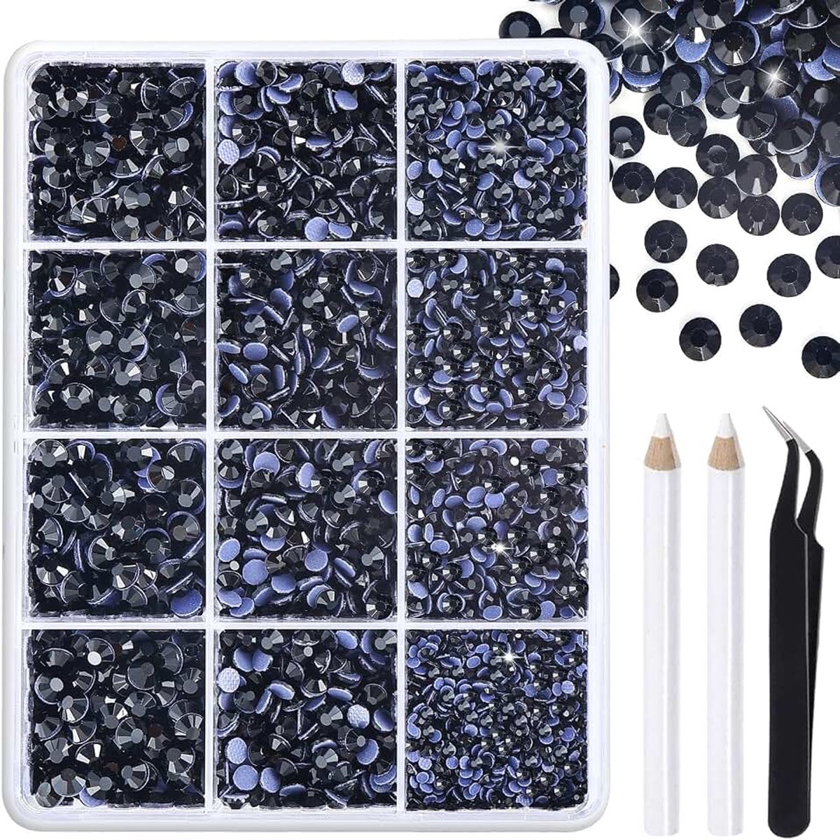 Strass-steentjes, 6800 stuks, bevat 4 maten (SS6-SS20), zwarte strassteentjes, 2 spelden en 1 pincet, voor handwerk en kleding