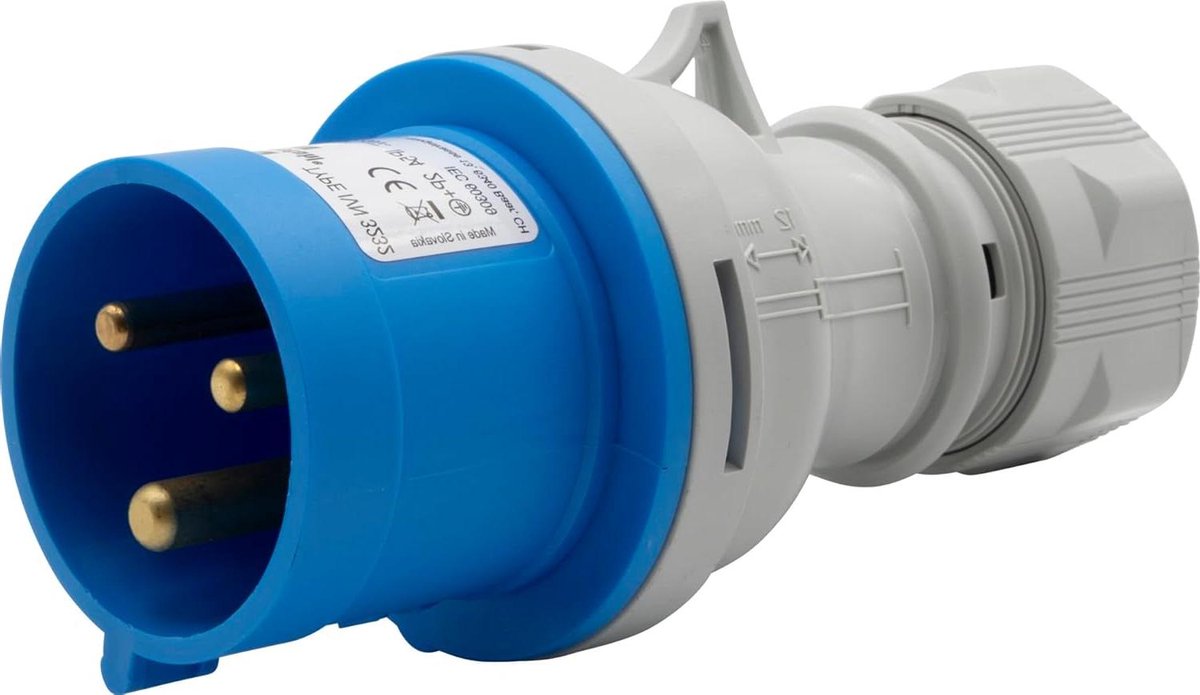 CEE stekker - Krachtstroom stekker - Buiten stroom - IP44 spatwaterdicht - 32 Ampere - Blauw/Grijs