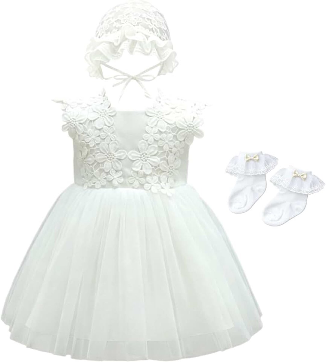 Meisje Doopjurk voor Zomer,Elegante Kleine Meisje Jurk met Witte Kant,Cadeau voor Doop,Verjaardag,Bruiloft & Feest,met Kanten Hoed,Sokken & Geschenkdoos,6 Maand