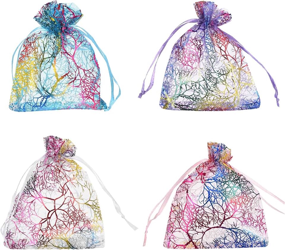 Organzazakjes, 100 stuks, 9 x 12 cm, cadeauzakjes, sieradenzakjes, kleurrijk koraalpatroon, mesh zakjes met trekkoord, organzazakjes voor bruiloft, feest, snoep, 4 kleuren
