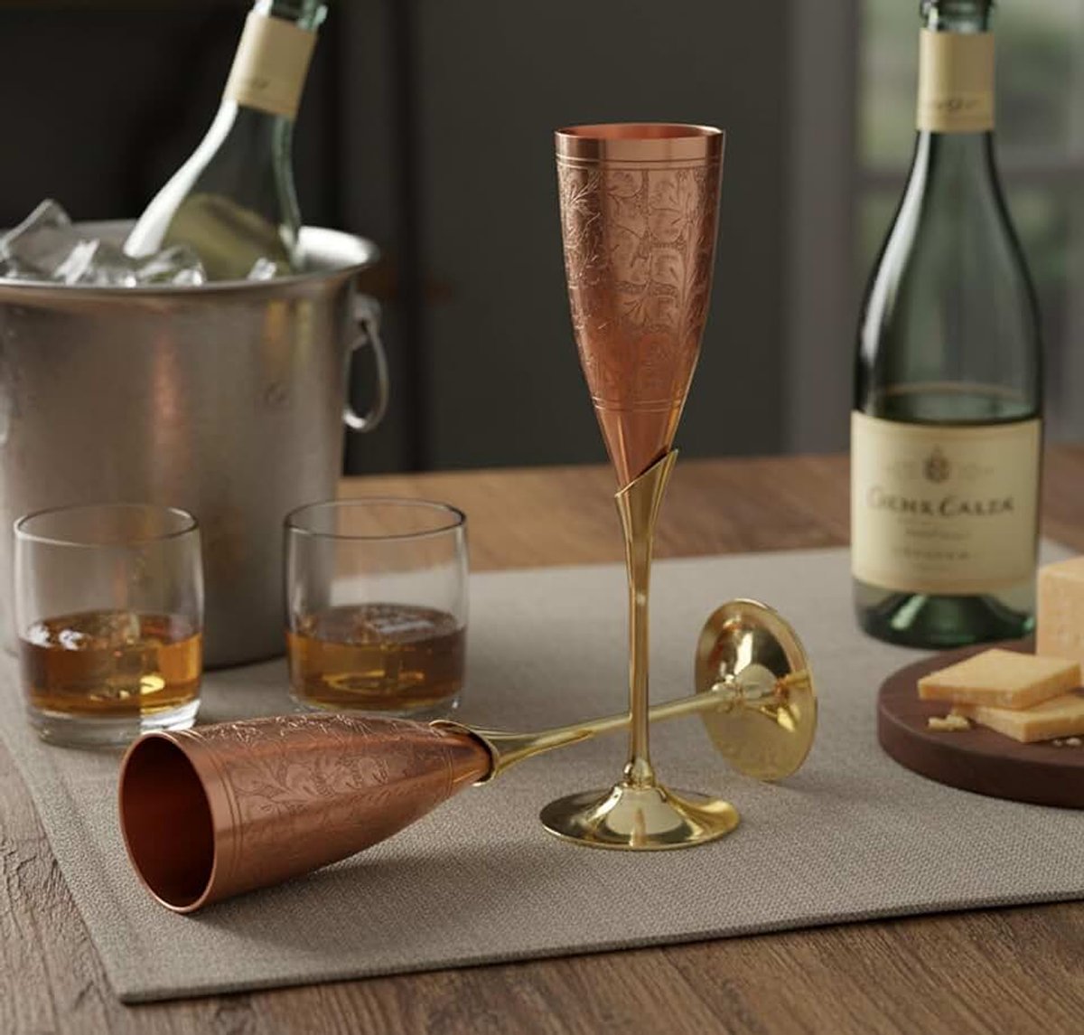 Koper geëtst koperen fluit wijnbeker Champagne fluiten bekers glazen set van twee - Ideaal voor Moscow Mule Too (Dun koper)