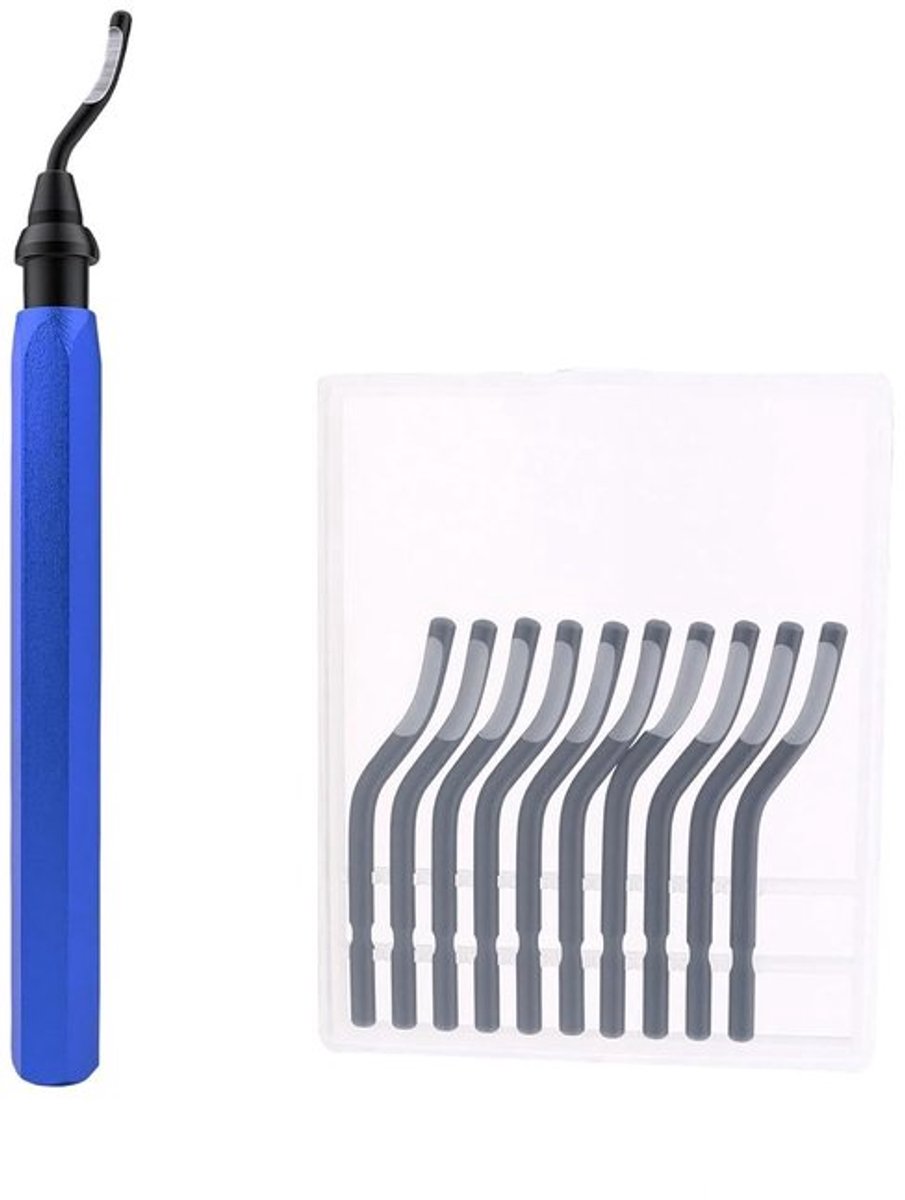 Blauwe handmatige ontbraamset, 11-delig, ontbraamgereedschap, 360° draaibare ontbraambladen, geschikt voor 3D-printers, staal, kunststof, aluminium en koper.