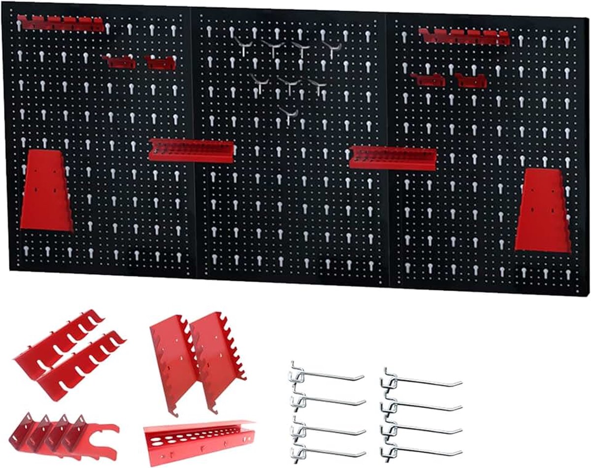 Gereedschapsgatenwand van metaal, 17-delig, haak-steekbord, gereedschapswand 120 x 60 x 2 cm, opslagsysteem, gereedschapshouder, assortiment met 3 gatplaten, gatenwand, werkplaatswand voor