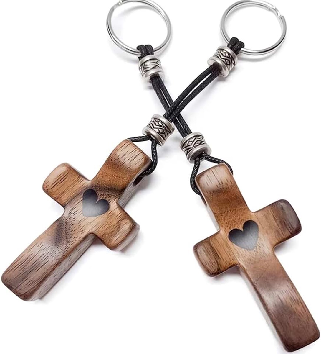 2 stuks houten kruis sleutelhangers van walnoothout, gesneden gebedsstukken, Jezus kruis sleutelhanger in hartvorm uit, stressvermindering, cadeau voor doop communie