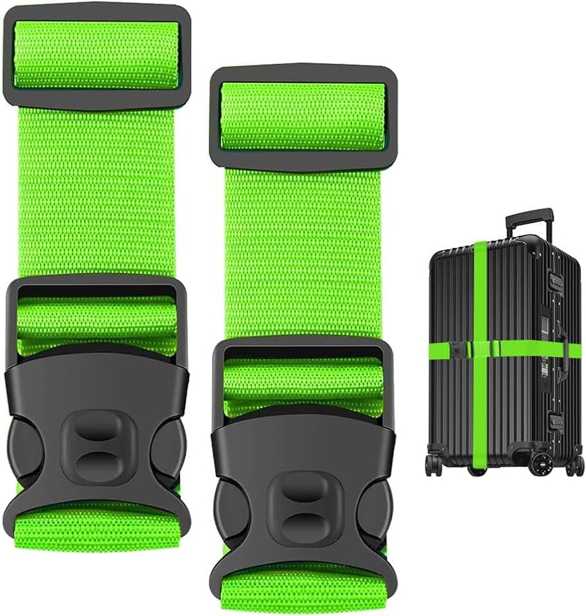 2 stuks, groen, kofferriem, reizen, bagageriem, verstelbaar tot 200 cm, zeer sterke kofferriem met veiligheidsgesp, reisaccessoires voor handbagage