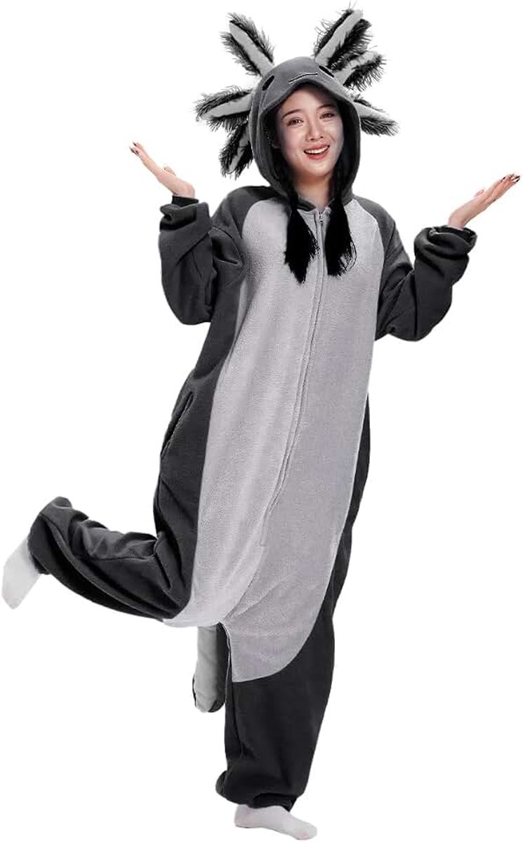 Onesie voor volwassenen, Axolotl kostuum, pyjama, heren, dames, uniseks, cosplay, dier, pluche, nachtkleding, Halloween, jumpsuit voor pyjama