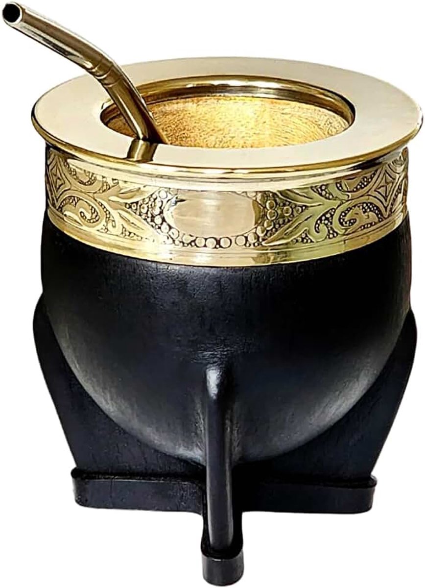 Imperial Argentijnse premium mok, van natuurlijke pompoen, buitenkant zwart leer met Duits zilver, inclusief roestvrijstalen lamp
