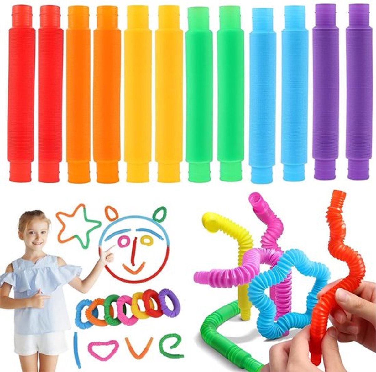 Set van 12 Kleurrijke Elastische Tubes - Sensory Speelgoed voor Kinderen en Volwassenen
