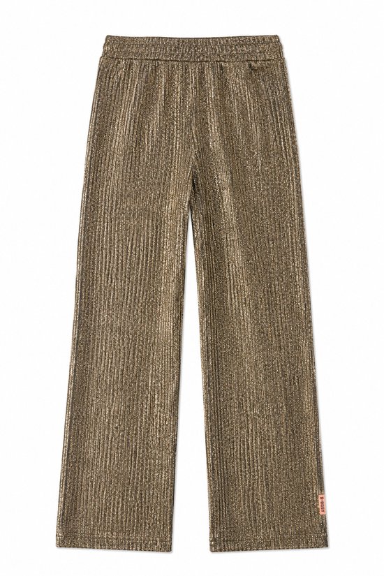 Gouden broek met plooien, elastische tailleband en oranje label op de enkel.