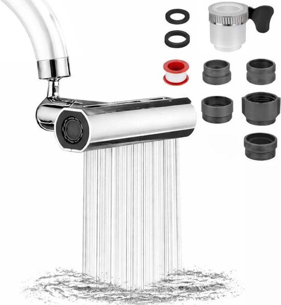 Draaibare kraan opzetstuk voor keuken en badkamer - waterbespaarder - spatvrij - 4 functies