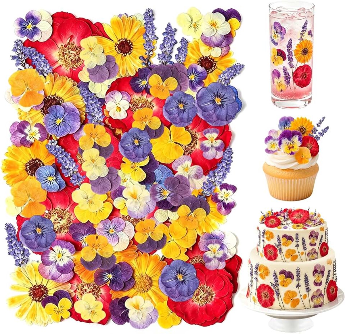Bloemen, 70 stuks, 4 soorten pannenbloesems, rozen, goudsbloemen, lavendel, 100% natuurlijk gedroogde peperpetjes, decoratie voor taartdecoratie, kaarsenmaken, decoratie voor feestelijkheden.
