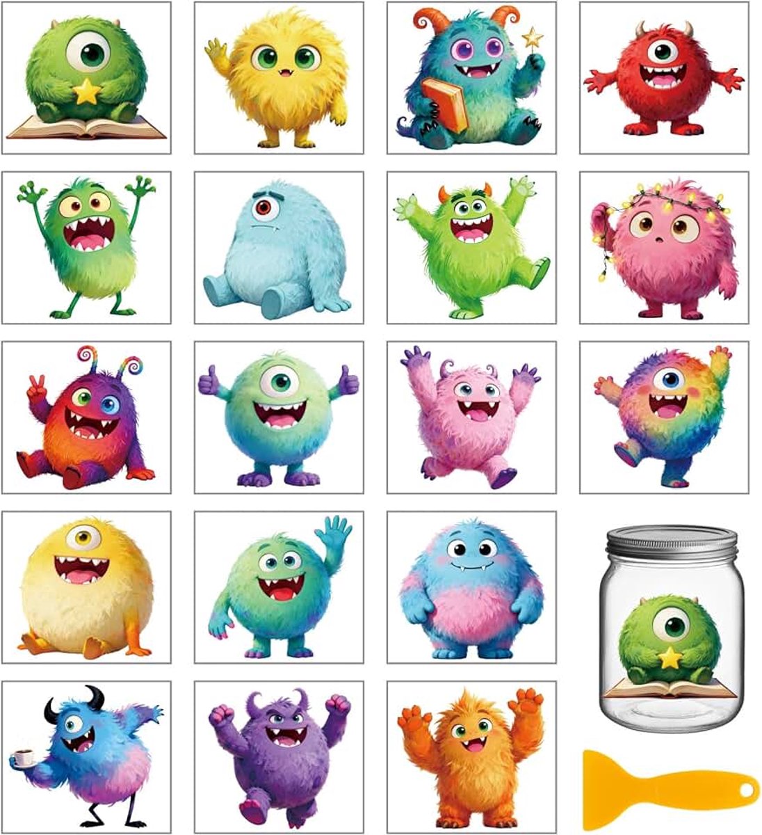 18 vellen schattige monstertransferstickers, 9 x 9 cm, grote pluizige monsterraspstickers, kleurrijke stickers voor meubels, vazen, potten, inmaakpotten, decoraties, kunsthandwerk