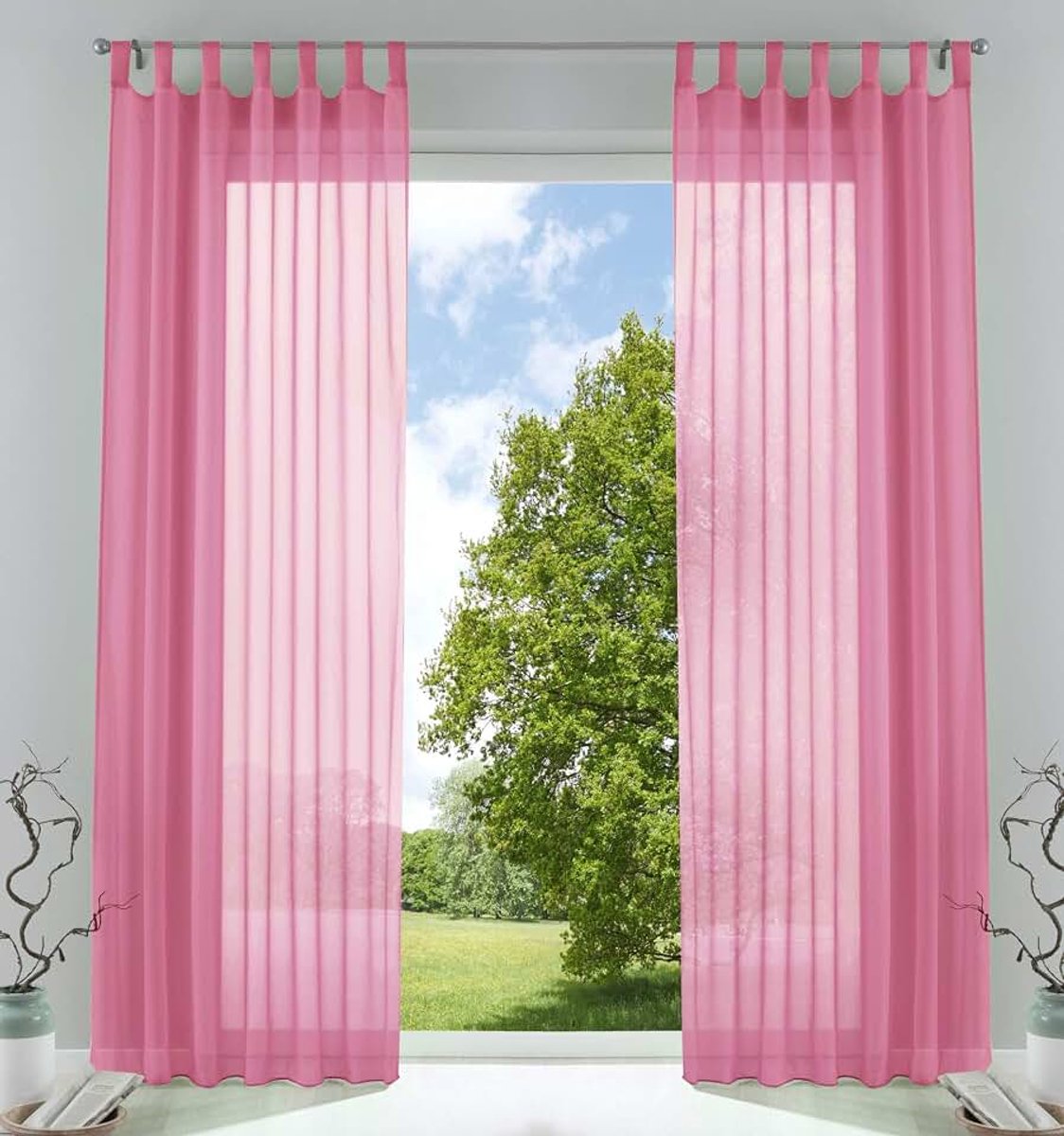 Set van 2 gordijnen, transparant, set van 2 gordijnen, woonkamer, voile, lusgordijn met loodband, H x B 245 x 140 cm, roze, 61000CN